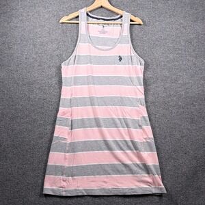 U.S. Polo Assn. Tank Dress Women Large Pink Grey‎ Striped Pockets Sleeveless